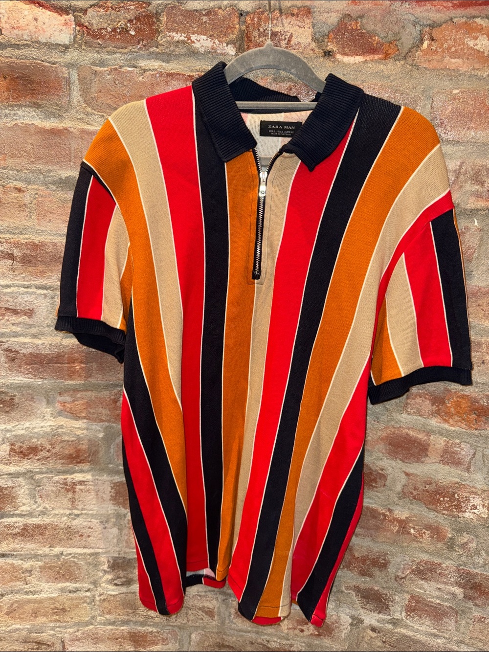 Zara Man Colorblock Zip Polo - Navy, Red, Orange, Tan
